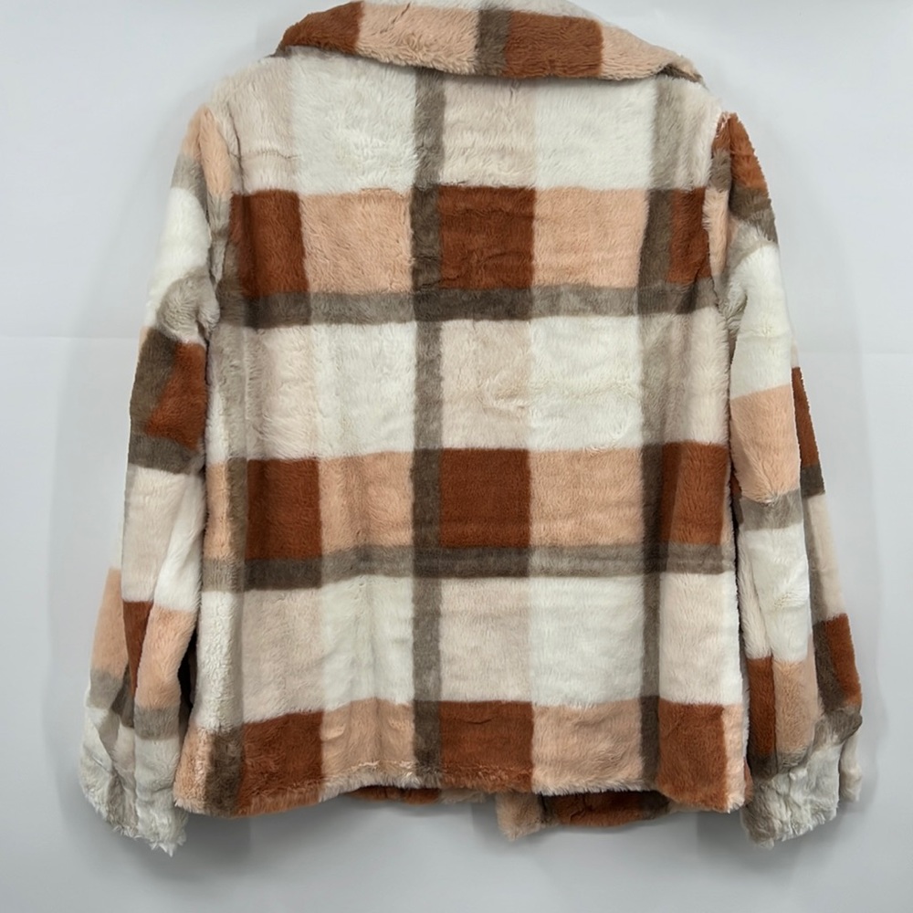 🆕Hem & Thread Fleece Jacket Plaid Colorblock Cream Orange Brown Lined Restocked - Picture 12 of 15